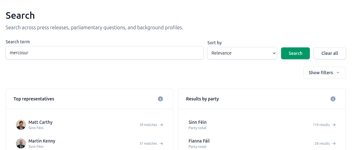 Search results page with a query entered and the Top Representatives intelligence panel populated