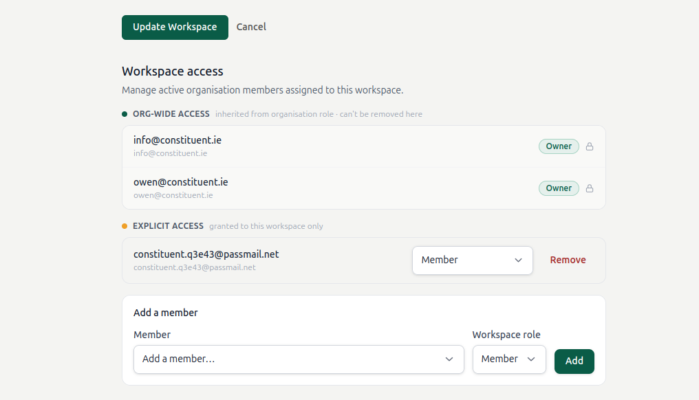Workspace access panel showing org-wide access and the members assigned to a workspace