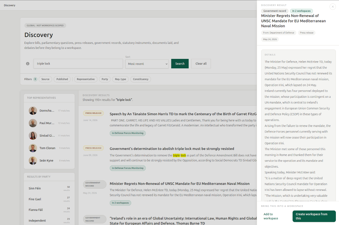 Constituent Discovery search results with a political activity source open in a slideout panel, ready to add to a confidential workspace